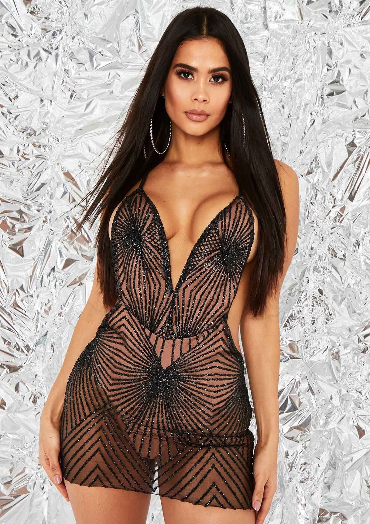 Charmaine Black Glitter Mesh Plunge Mini Dress sold by Missy Empire