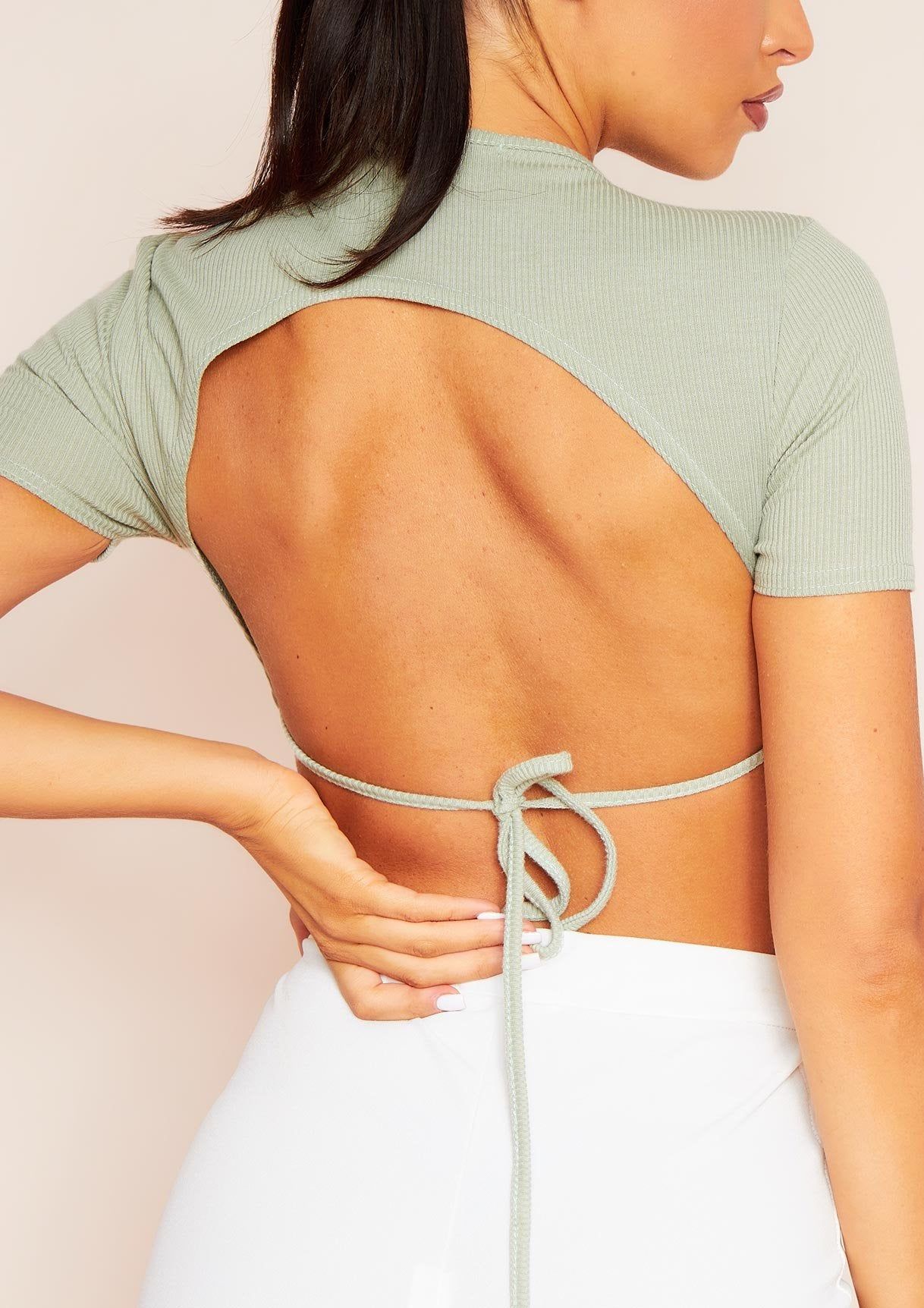Mandy Sage Tie Back Cropped Ribbed T-Shirt sold by Missy Empire product image thumbnail 3