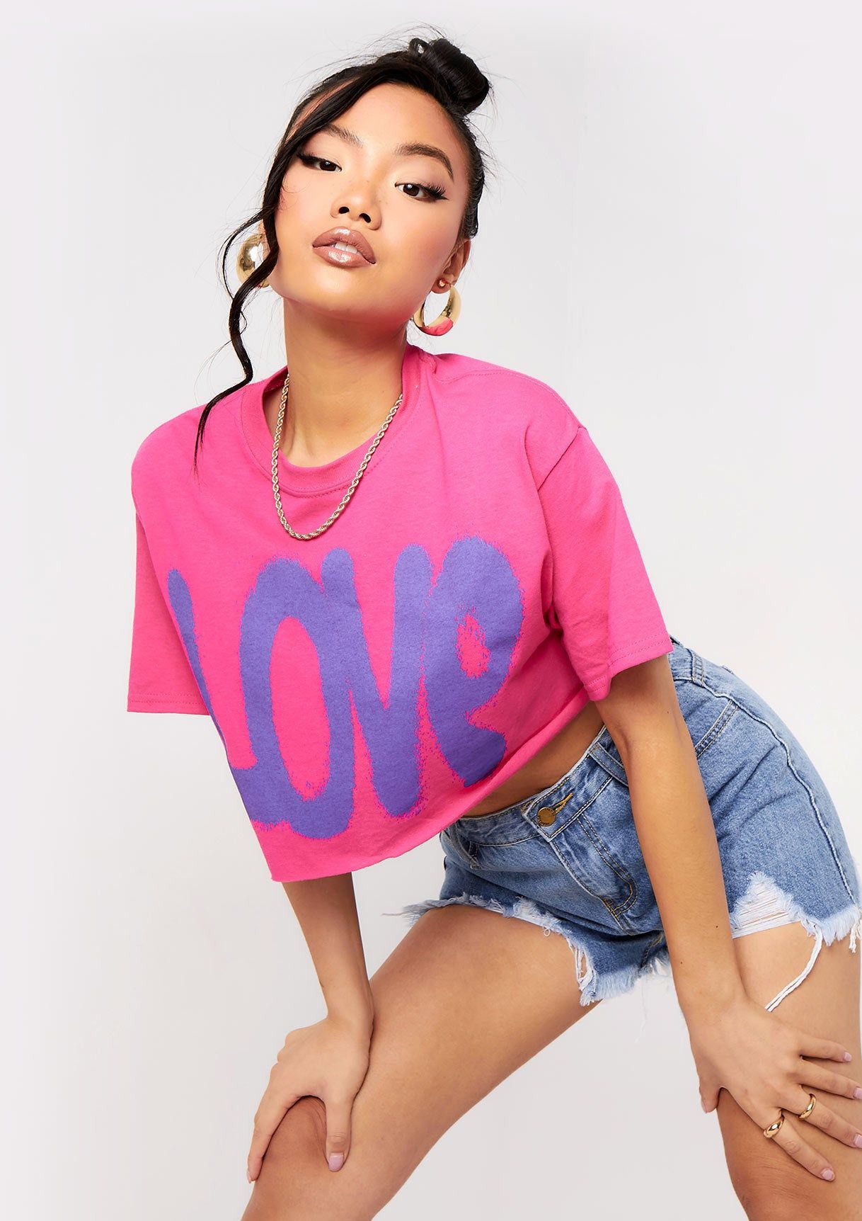 Maya Pink Love Slogan Cropped Oversized T-Shirt sold by Missy Empire