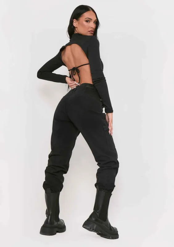 Roderiga Black Ribbed High Neck Tie Back Crop Top sold by Missy Empire
