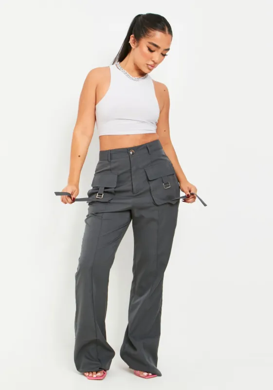 Laura Charcoal Pocket Detail Straight Leg Cargo Trousers made by Missy Empire