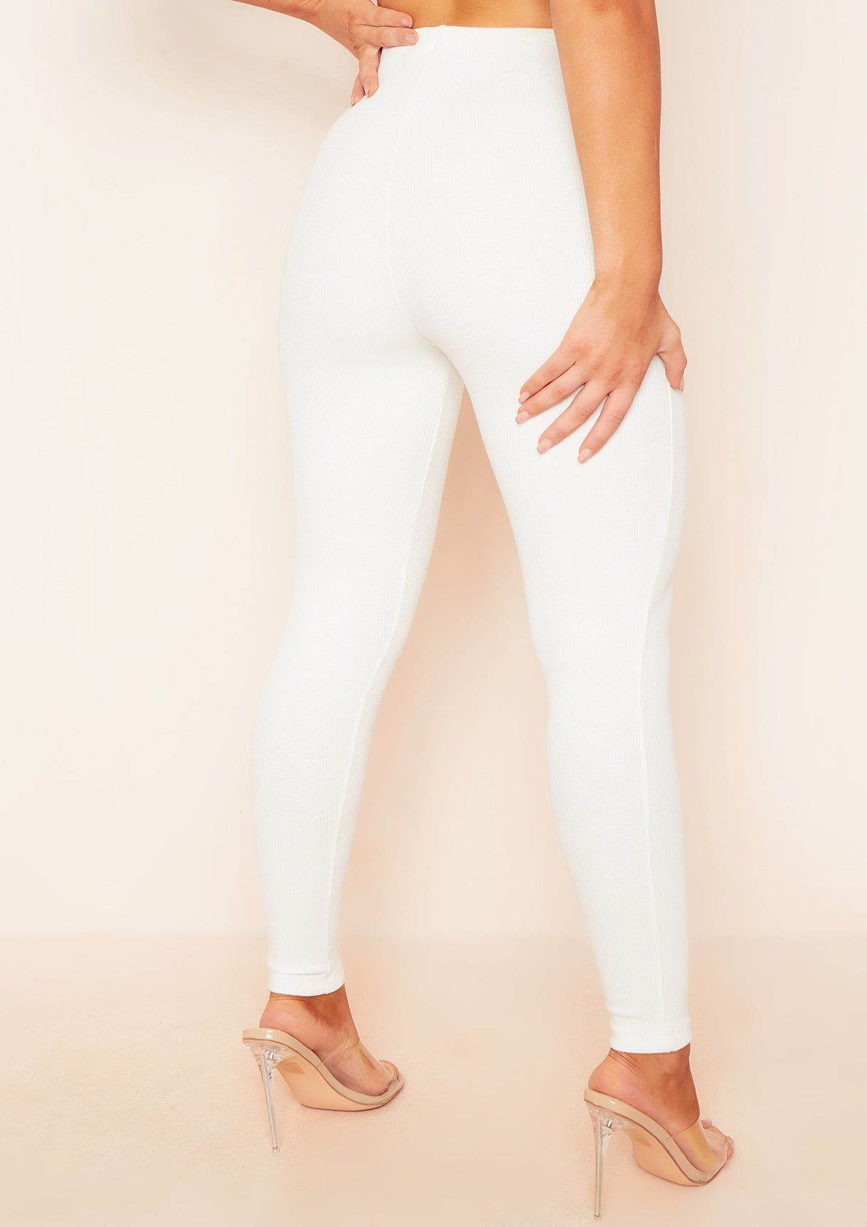 Siera Cream High Waist Thick Ribbed Leggings sold by Missy Empire product image thumbnail 4
