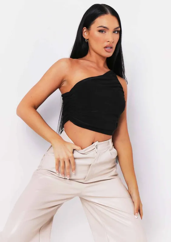 Adalyn Black One Shoulder Ruched Crop Top sold by Missy Empire