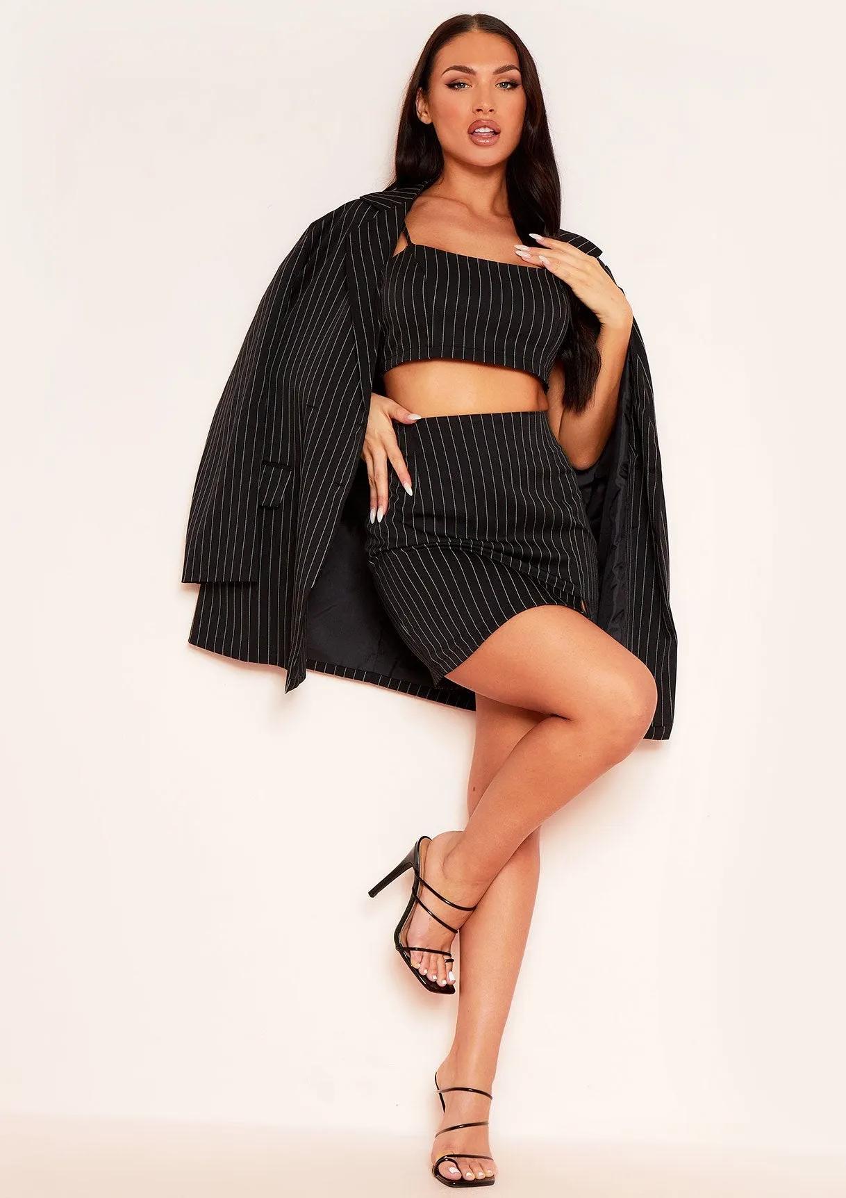 Della Black Pinstripe Strappy Crop Top sold by Missy Empire product image thumbnail 4