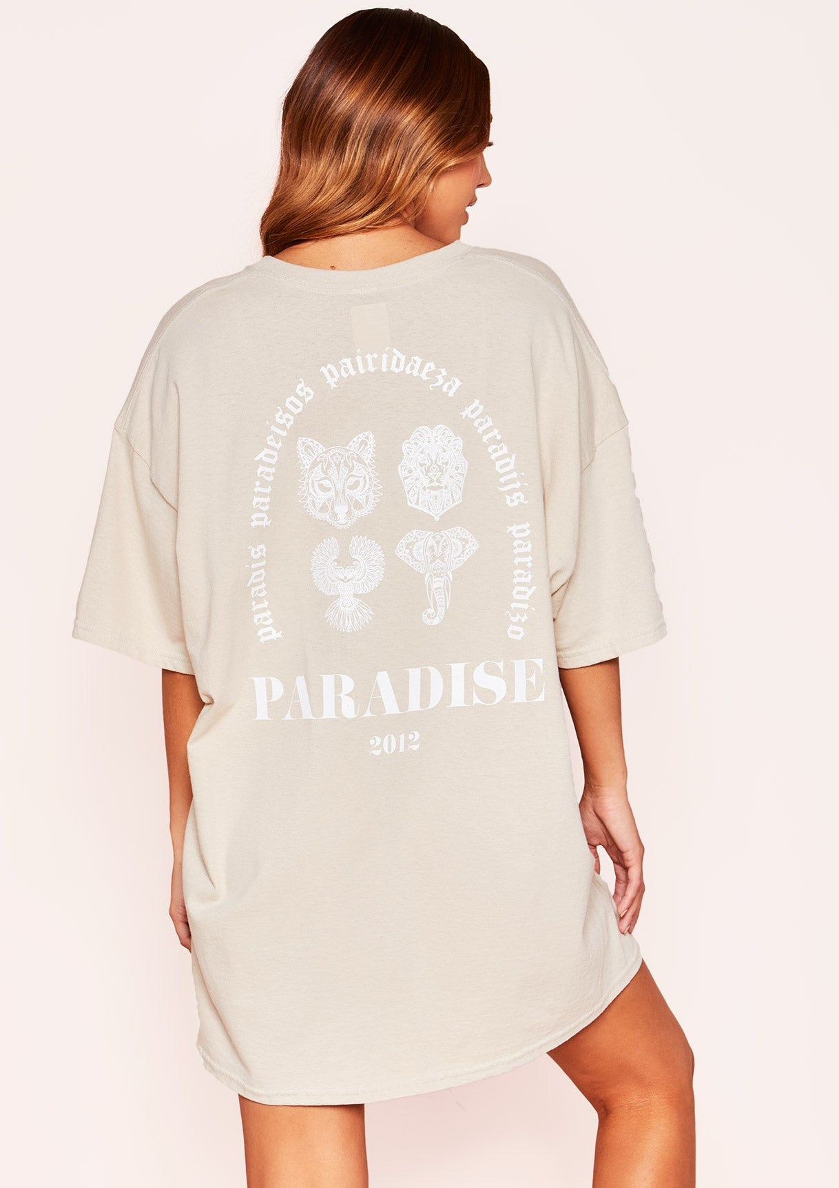 Heidi Beige Graphic Oversized T-Shirt sold by Missy Empire