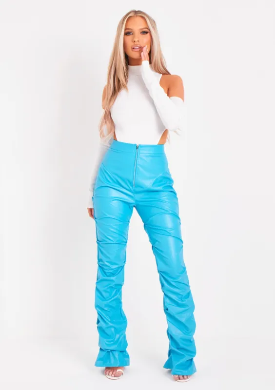 Darelle Blue High Waisted Ruched PU Trousers sold by Missy Empire