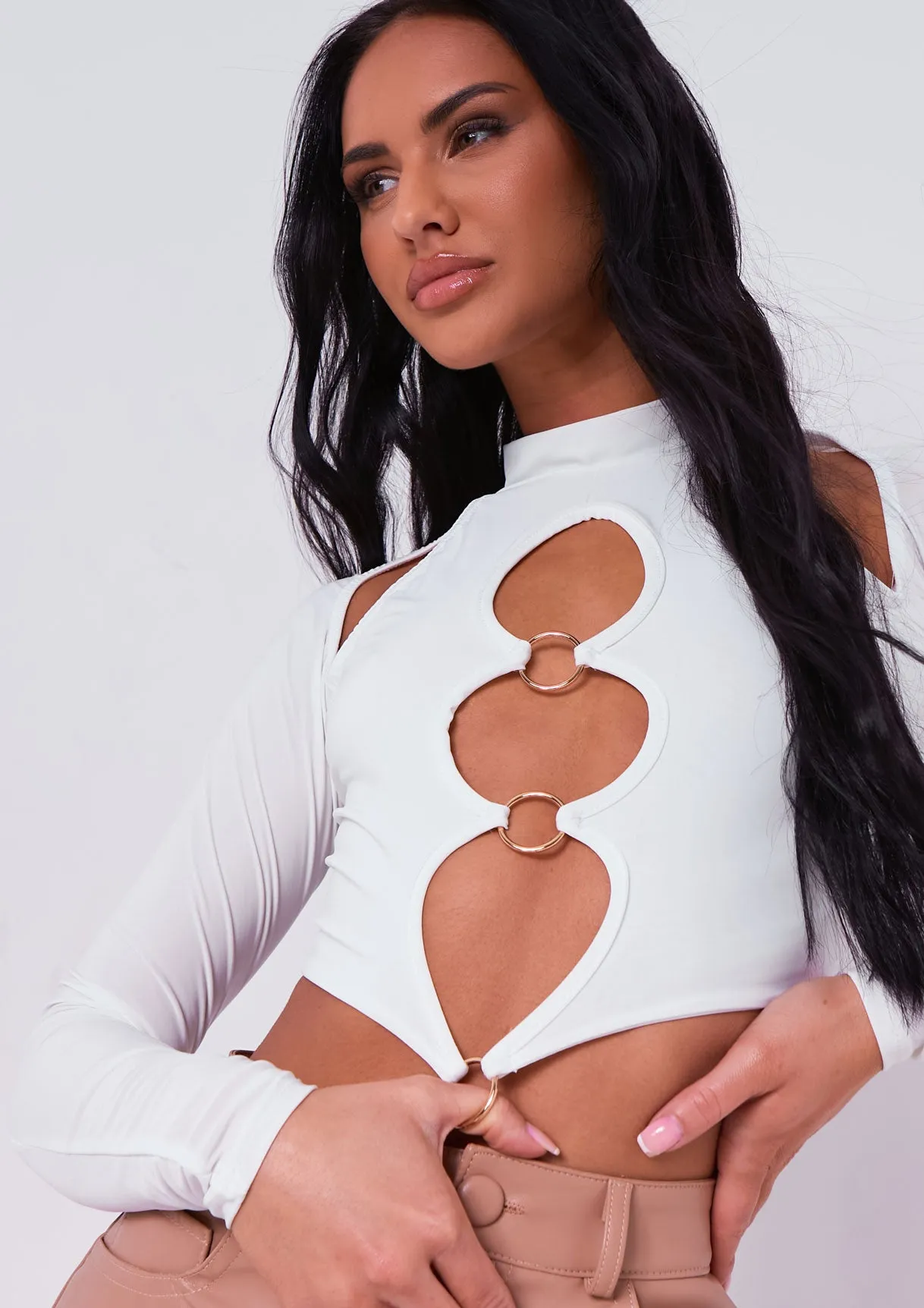 Keeley White Cut Out Long Sleeve Crop Top sold by Missy Empire product image thumbnail 2