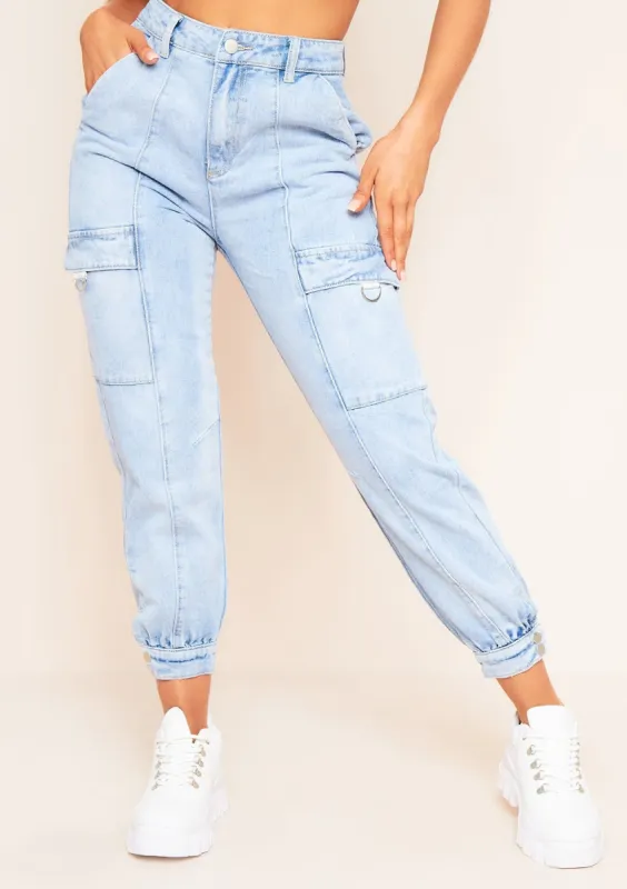 Sandra Blue Denim Pocket Detail Cargo Jeans sold by Missy Empire