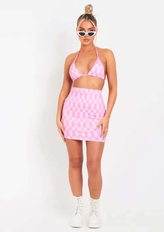 Felicity Pink Checkerboard Print Bikini Top sold by Missy Empire