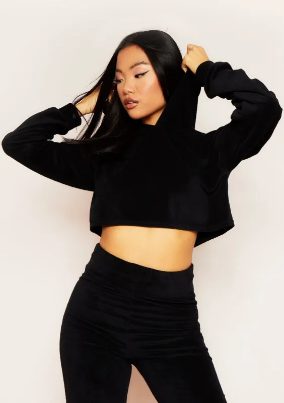 Grace Black Velour Cropped Hoodie sold by Missy Empire