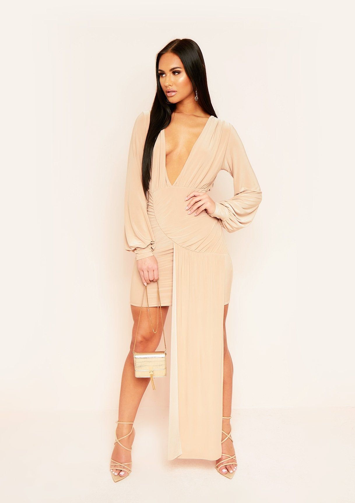 Cadenza Champagne Plunge Drape Mini Dress sold by Missy Empire product image thumbnail 4