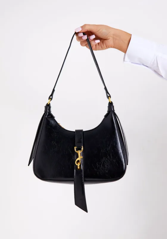Teagan Black Leather Buckle Detail Shoulder Bag sold by Missy Empire