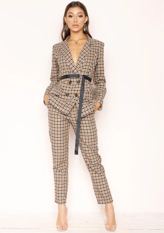 Nena Camel Checked Trousers sold by Missy Empire