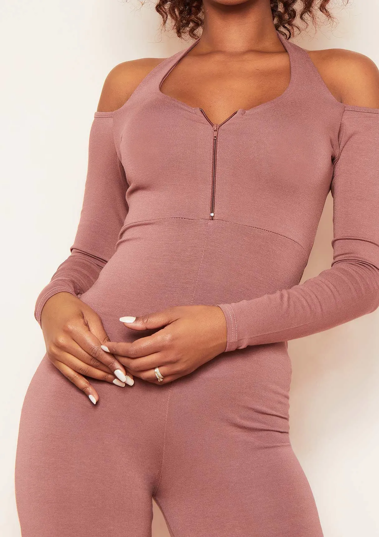 Bonnie Mocha Halterneck Cut Out Long Sleeve Zip Up Jumpsuit sold by Missy Empire product image thumbnail 2