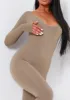 Eli Olive Plunge Ribbed Seamless Long Sleeve Jumpsuit sold by Missy Empire