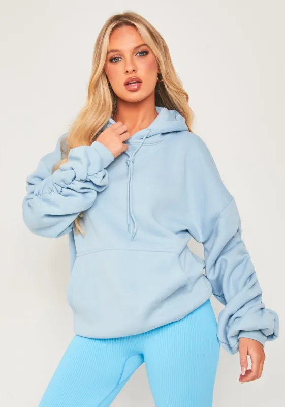 Chrissa Pastel Blue Oversized Ruched Sleeve Hoodie sold by Missy Empire