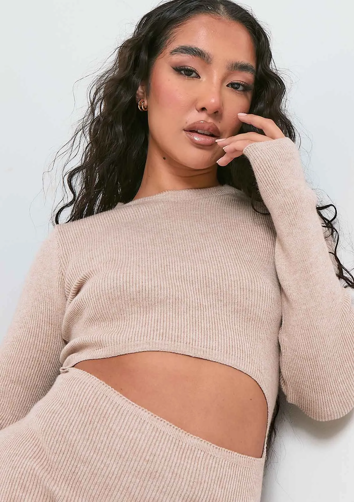 Marina Beige Knitted Cut Out Long Sleeve Mini Dress sold by Missy Empire product image thumbnail 2