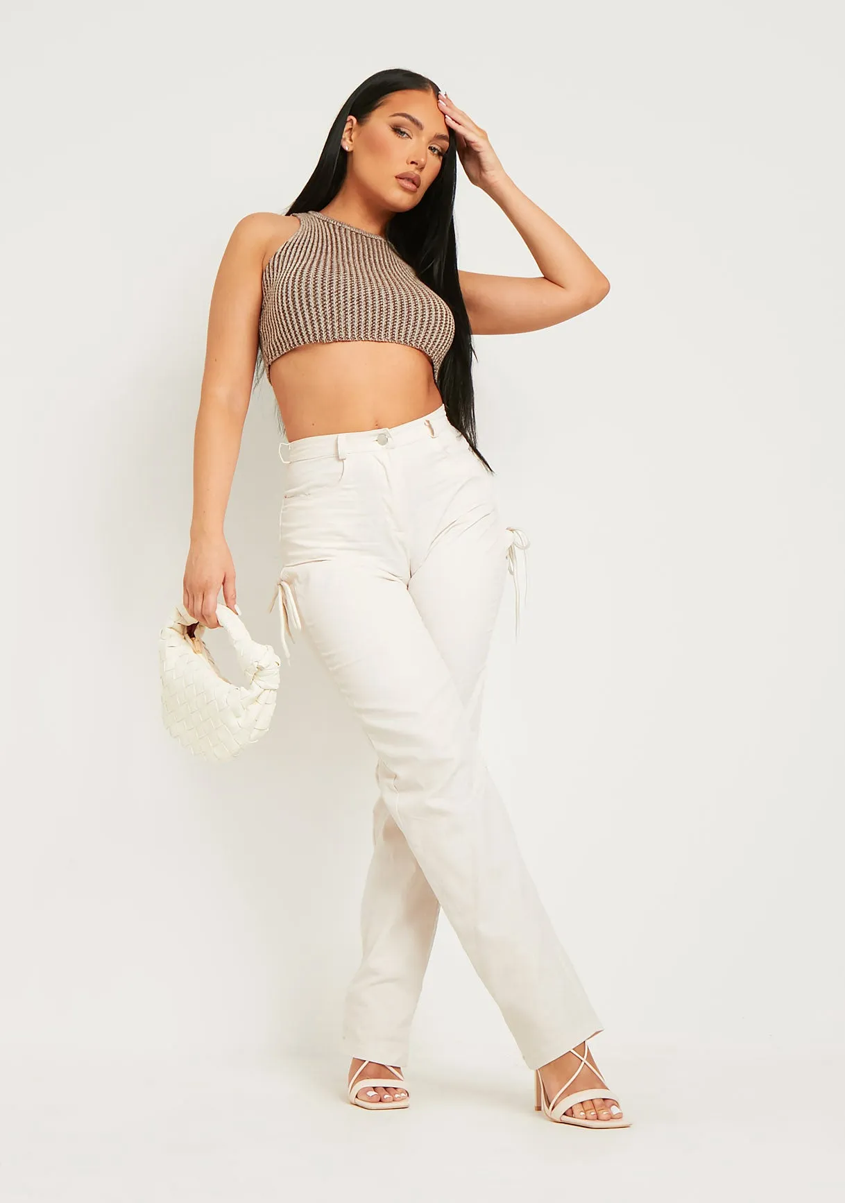 Jazlyn Sand Lace Up Straight Leg Trousers sold by Missy Empire