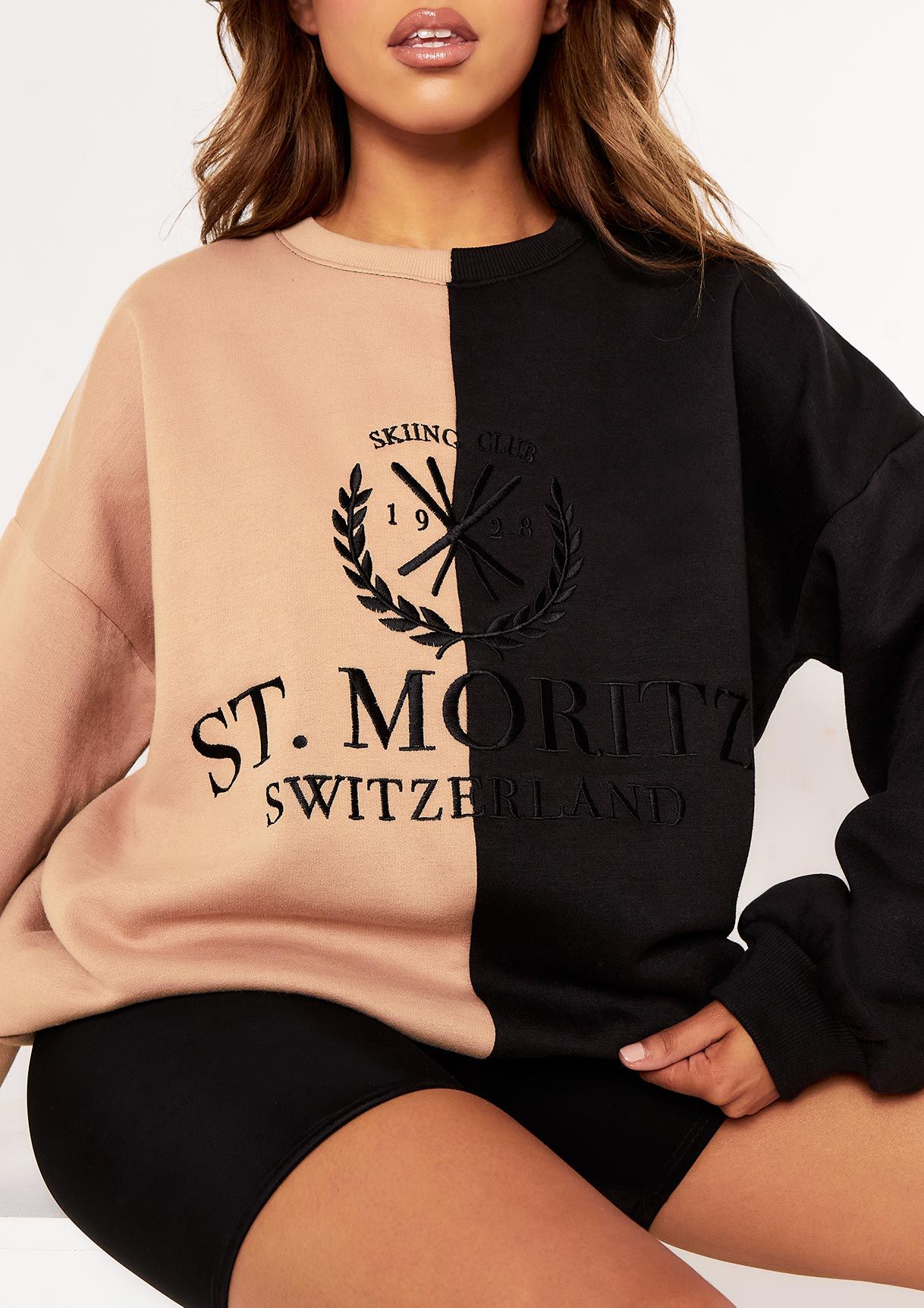 Zee Beige Spliced St Moritz Slogan Oversized Sweatshirt sold by Missy Empire product image thumbnail 3