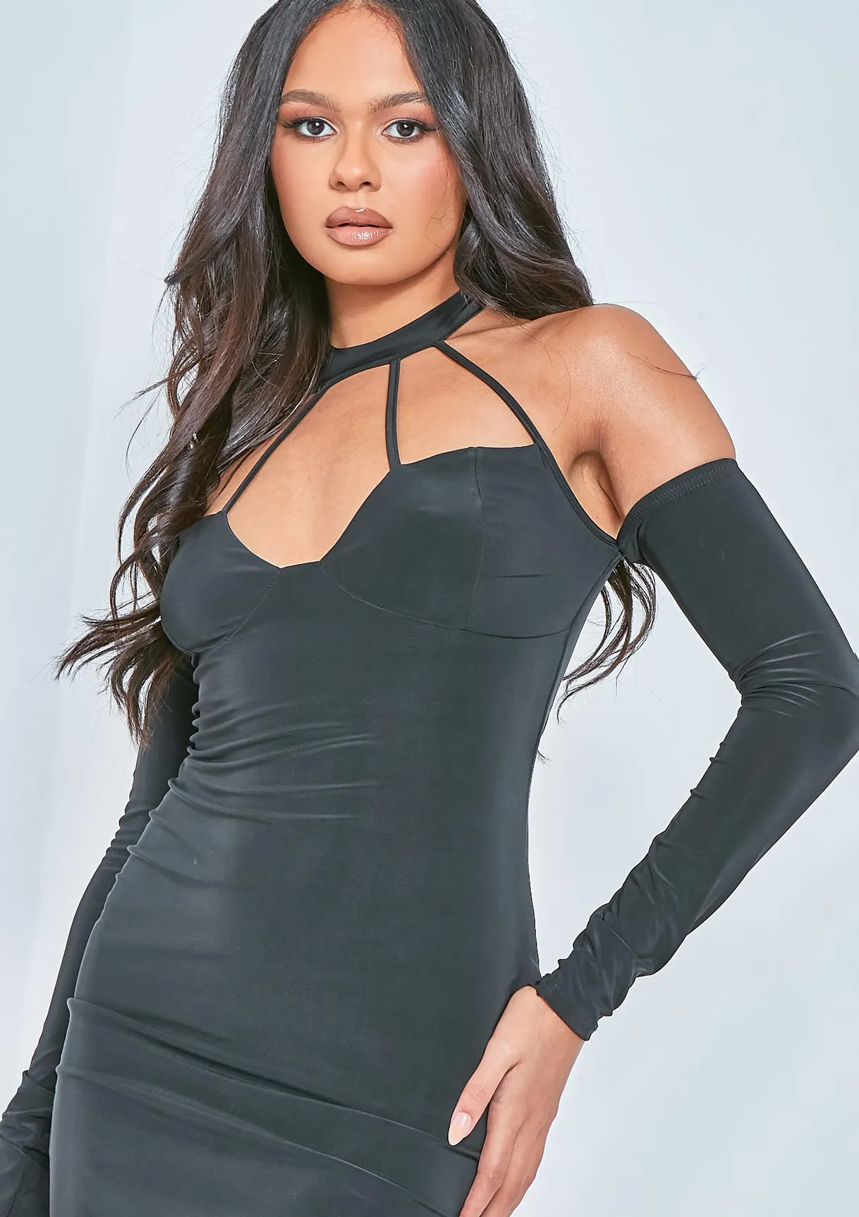 Taryn Black High Neck Cut Out and Sleeve Detail Mini Dress sold by Missy Empire product image thumbnail 2