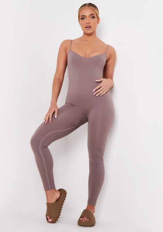 Kora Mocha Ribbed Seamless Strappy Jumpsuit sold by Missy Empire