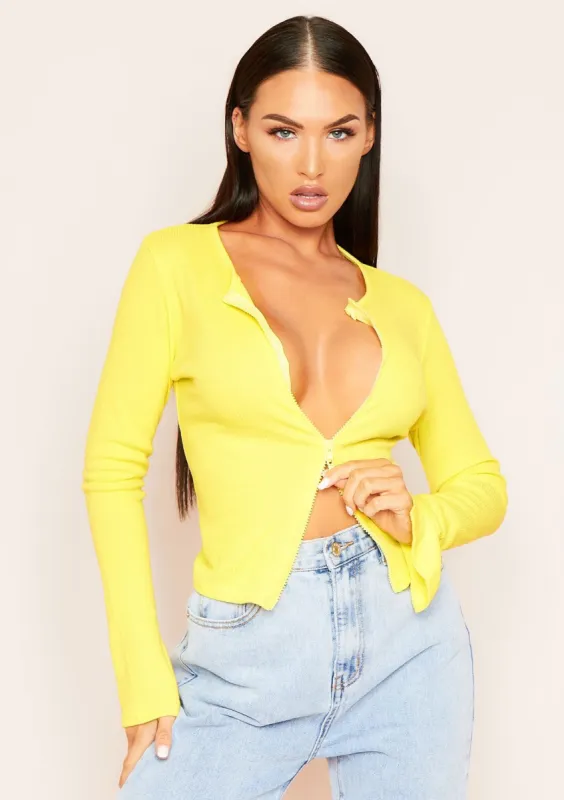 Elliana Lemon Yellow Ribbed Double Zip Top sold by Missy Empire