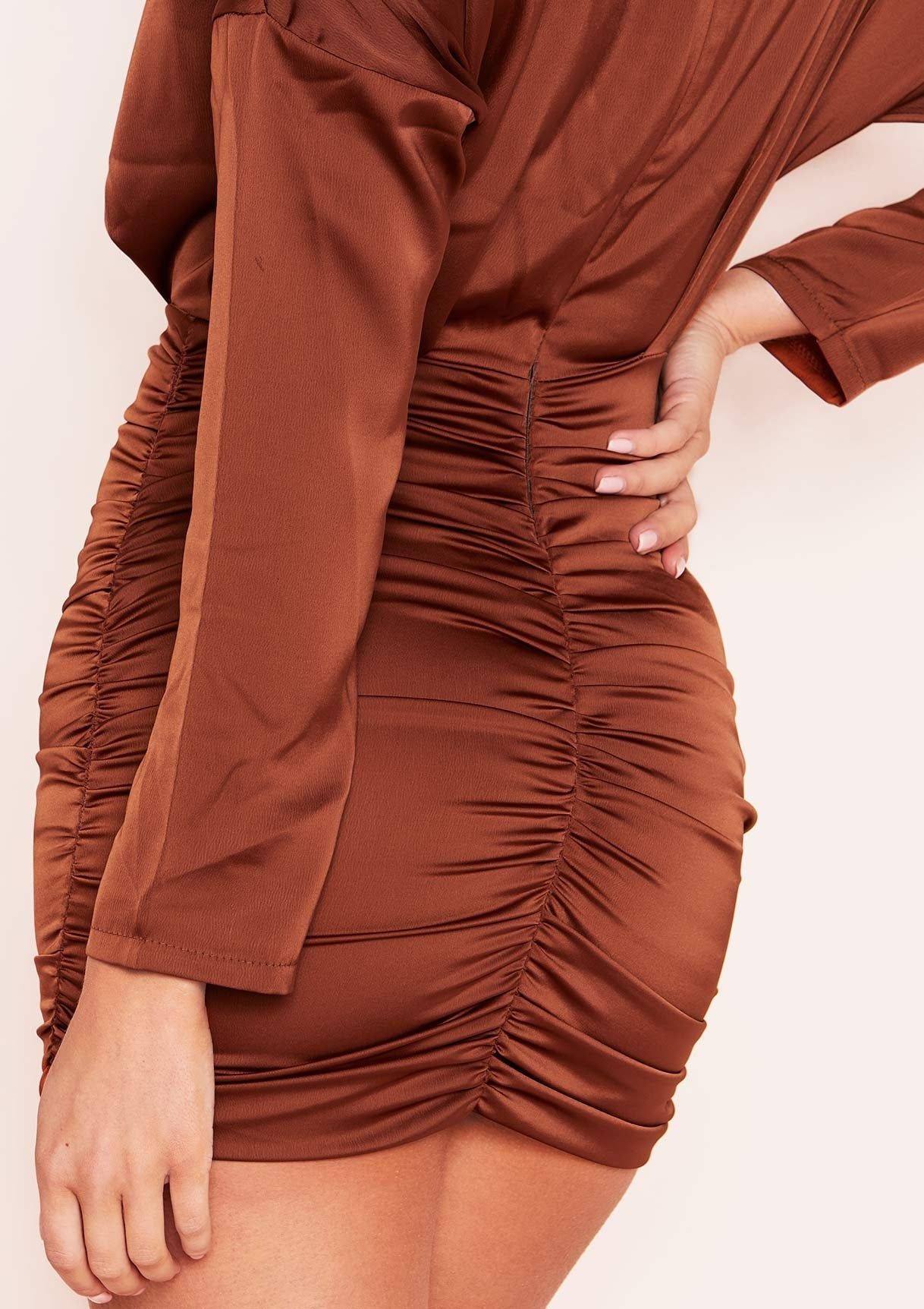 Ira Brown Ruched High Neck Satin Mini Dress sold by Missy Empire product image thumbnail 4