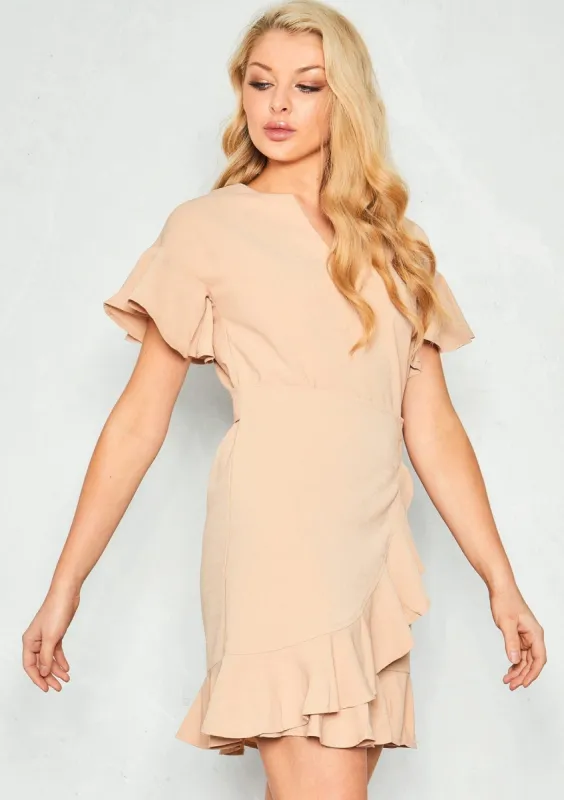 Mia Beige Crepe Front Wrap Ruffle Mini Dress sold by Missy Empire