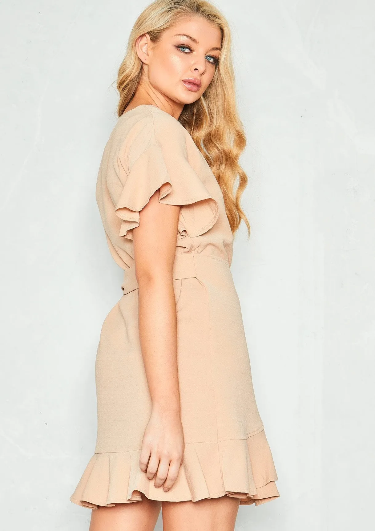Mia Beige Crepe Front Wrap Ruffle Mini Dress sold by Missy Empire product image thumbnail 2