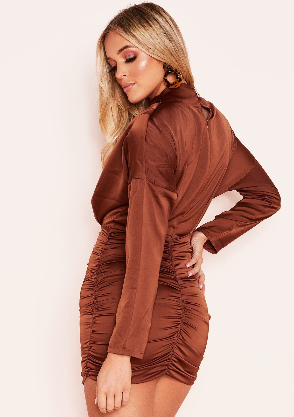 Ira Brown Ruched High Neck Satin Mini Dress sold by Missy Empire product image thumbnail 3