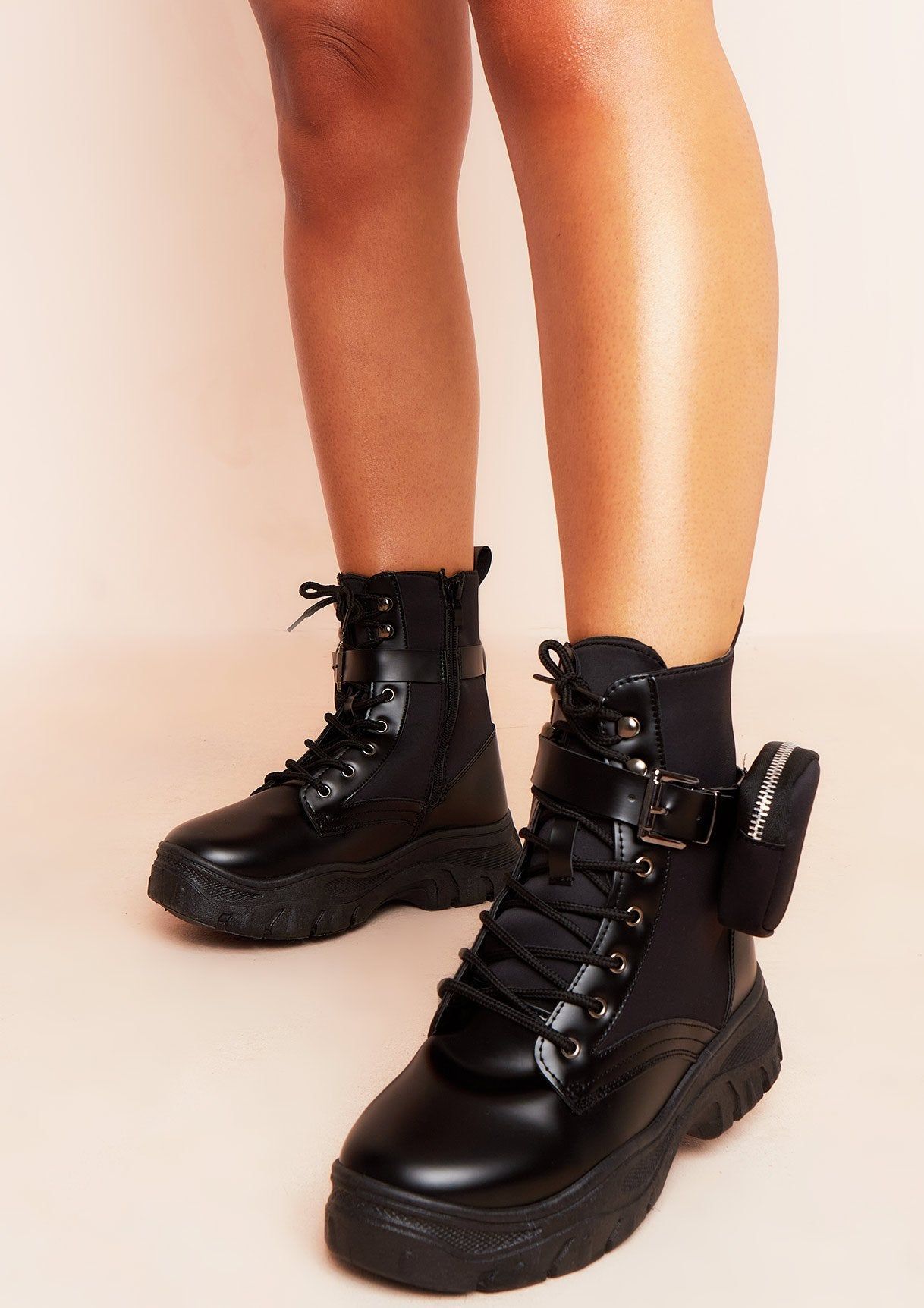 Katie Black Chunky Lace Up Ankle Pouch Boots sold by Missy Empire