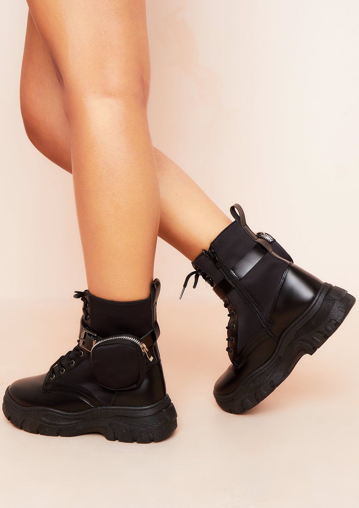 Katie Black Chunky Lace Up Ankle Pouch Boots sold by Missy Empire product image thumbnail 3