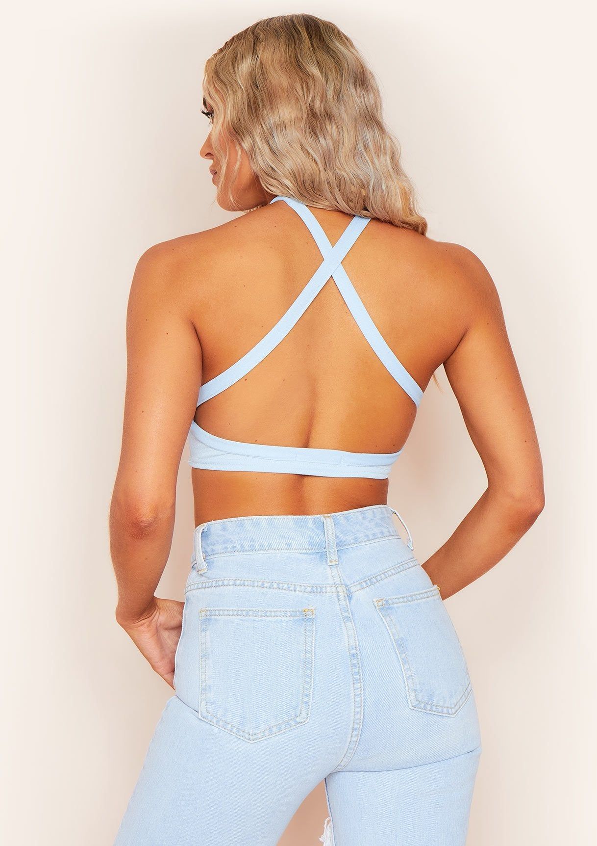 Vanessa Blue Cross Back Crop Top sold by Missy Empire