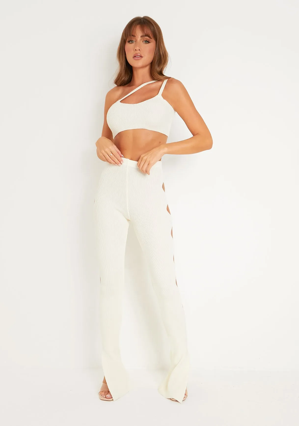 Jordynn Cream Knitted One Shoulder Crop Top sold by Missy Empire product image thumbnail 4
