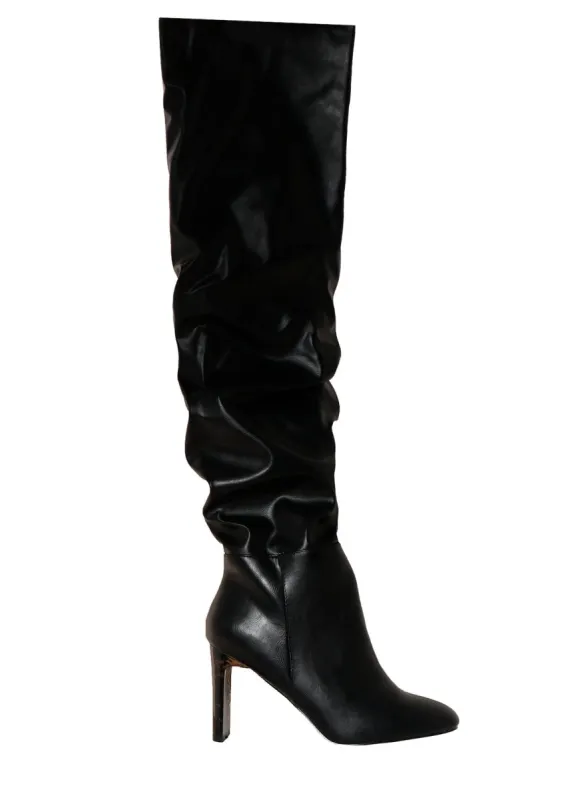 Nicky Black Faux Leather Ruched Over The Knee Boots sold by Missy Empire