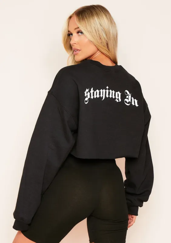 Serena Black Staying In Slogan Cropped Sweater sold by Missy Empire