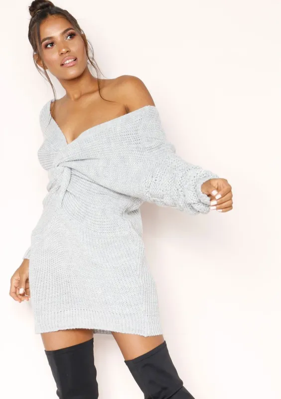 April Grey Knit Knot Detail Jumper Dress sold by Missy Empire