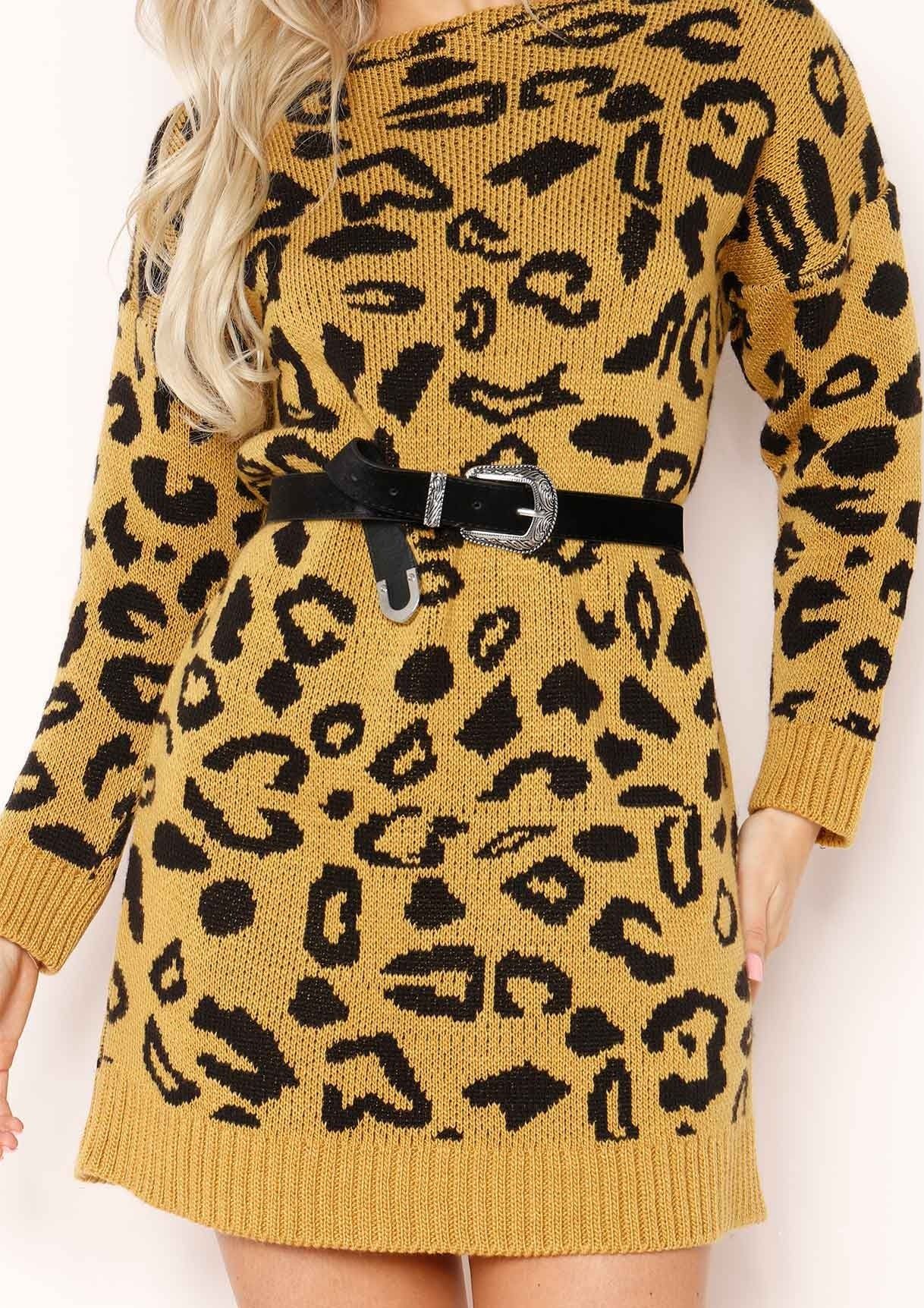 Claire Mustard Leopard Print Jumper Dress sold by Missy Empire product image thumbnail 3