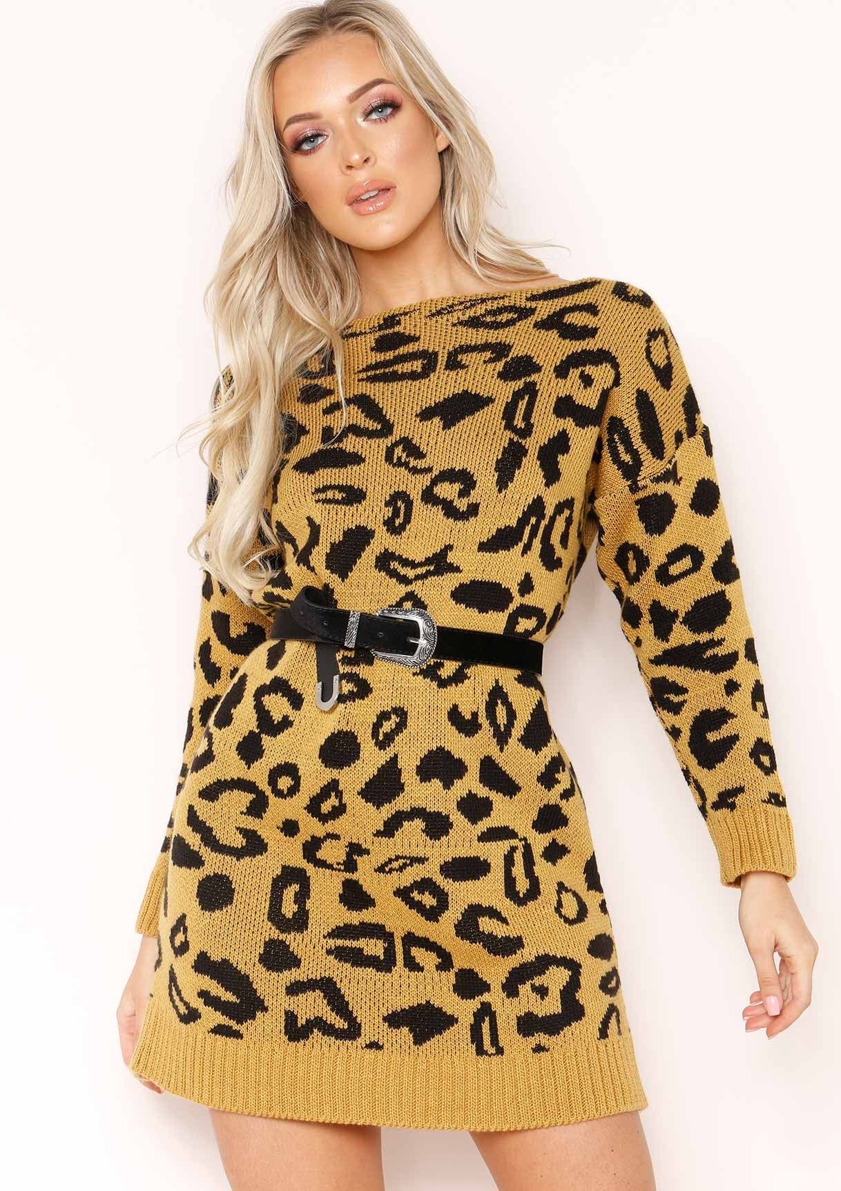 Claire Mustard Leopard Print Jumper Dress sold by Missy Empire product image thumbnail 2