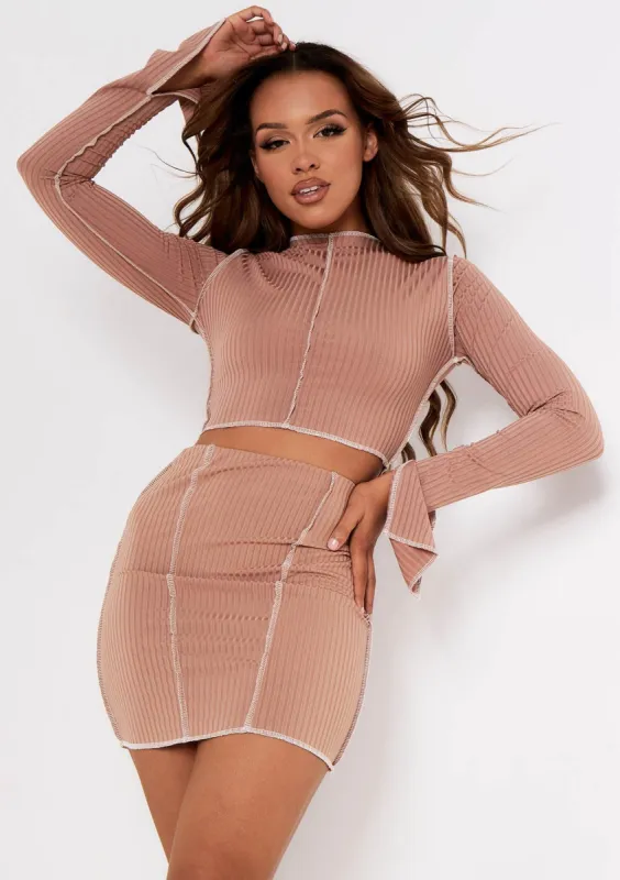 Rae Mocha Cream Contrast Stitch Slit Sleeve Ribbed Crop Top sold by Missy Empire