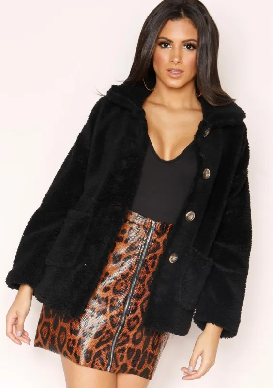 Krissy Black Button Up Teddy Coat sold by Missy Empire