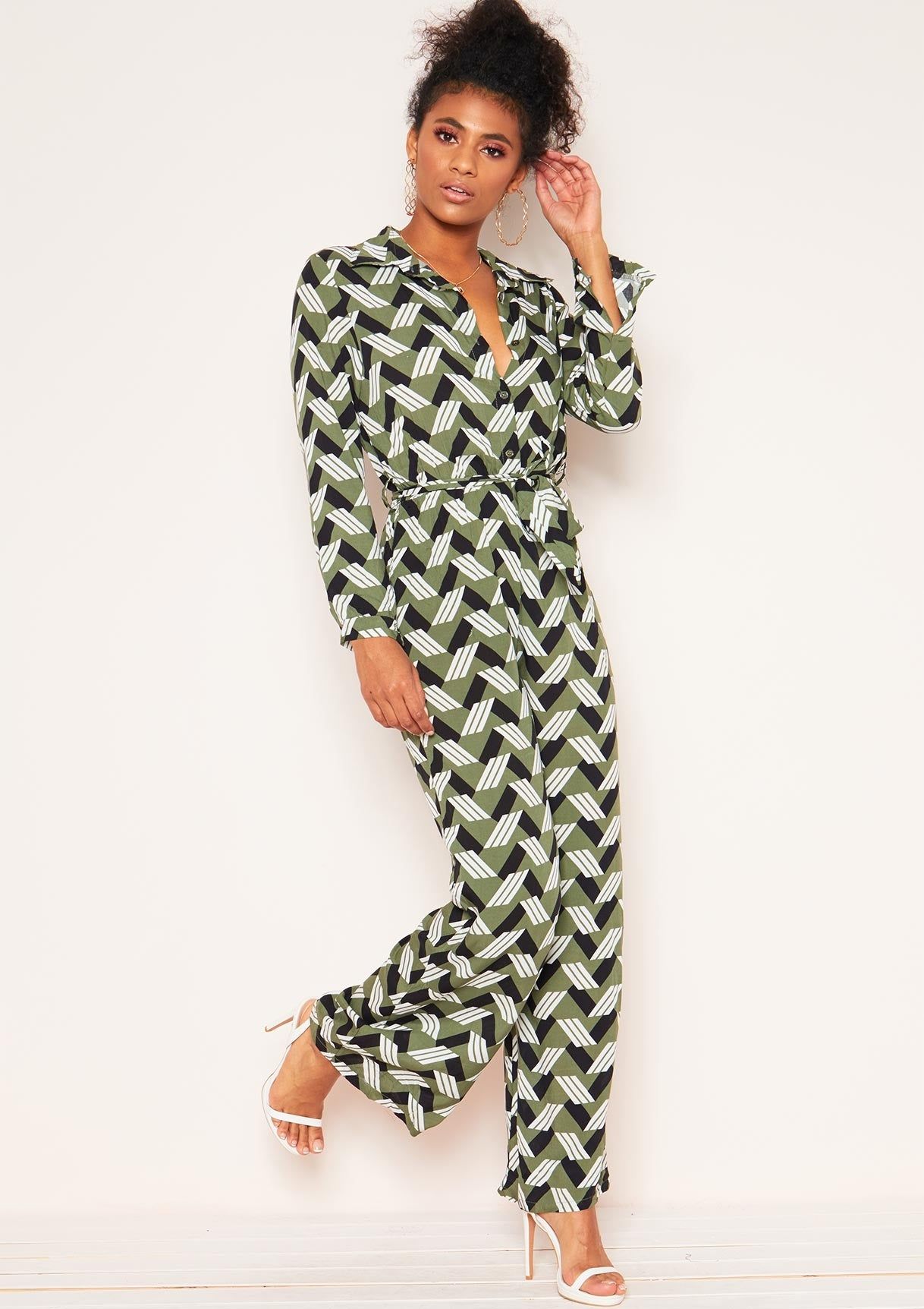 Antonia Khaki Geometric Print Jumpsuit sold by Missy Empire product image thumbnail 4