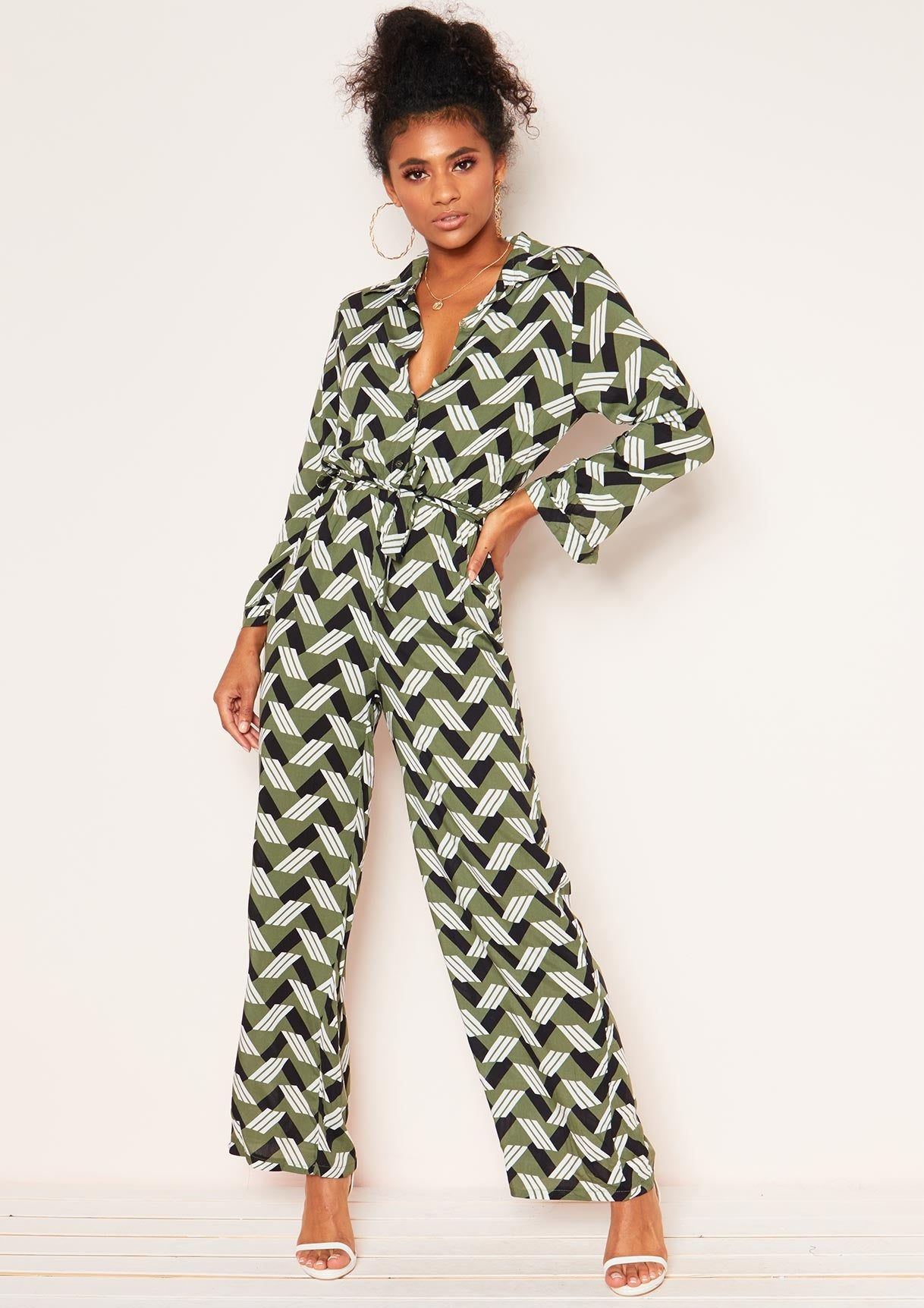 Antonia Khaki Geometric Print Jumpsuit sold by Missy Empire