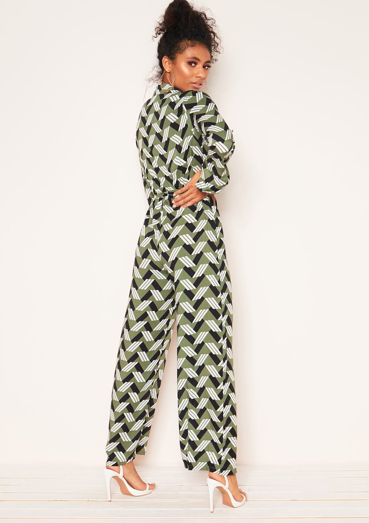 Antonia Khaki Geometric Print Jumpsuit sold by Missy Empire product image thumbnail 2
