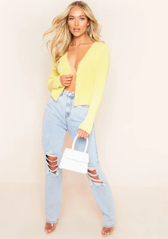 Shana Lemon Yellow Ribbed Knit Short Button Cardigan sold by Missy Empire