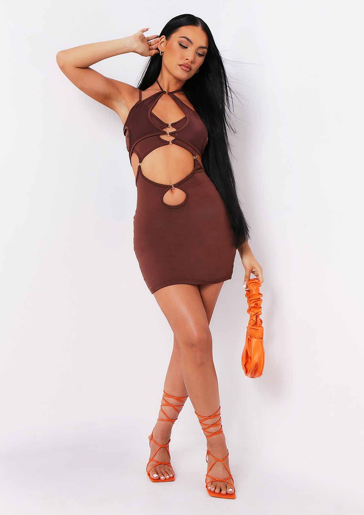 Maci Chocolate Cut Out Mesh Mini Dress sold by Missy Empire product image thumbnail 2