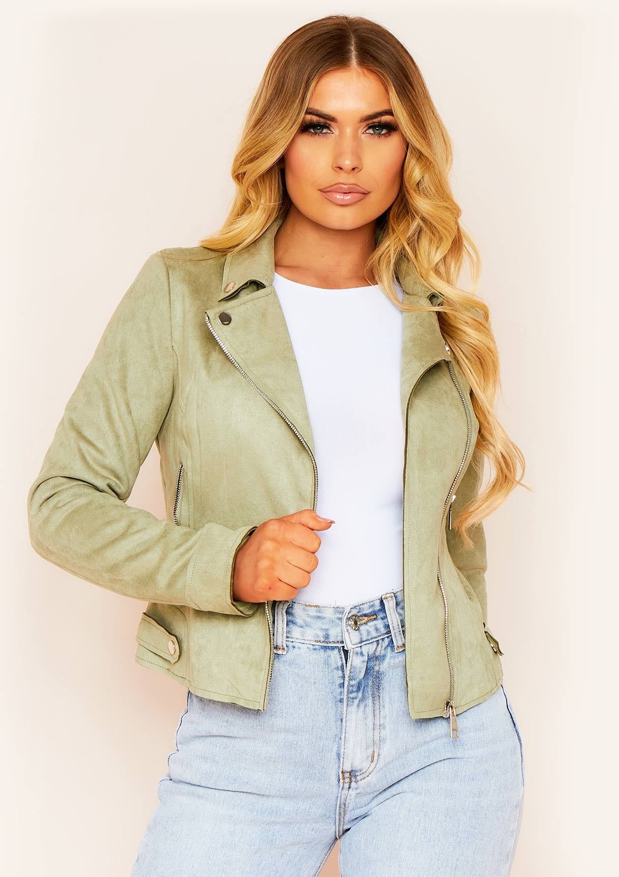 Filipa Olive Faux Suede Biker Jacket sold by Missy Empire product image thumbnail 2