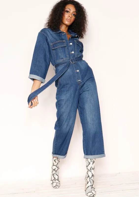 Leah Denim Utility Belted Jumpsuit sold by Missy Empire