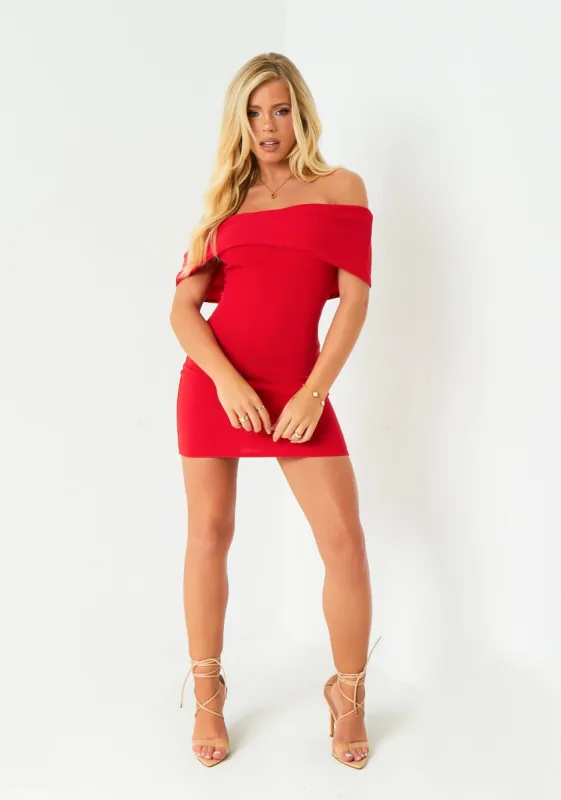 Joanna Red Textured Bardot Mini Dress made by Missy Empire