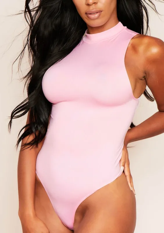 Amber Pink Lux Second Skin High Neck Racer Bodysuit made by Missy Empire